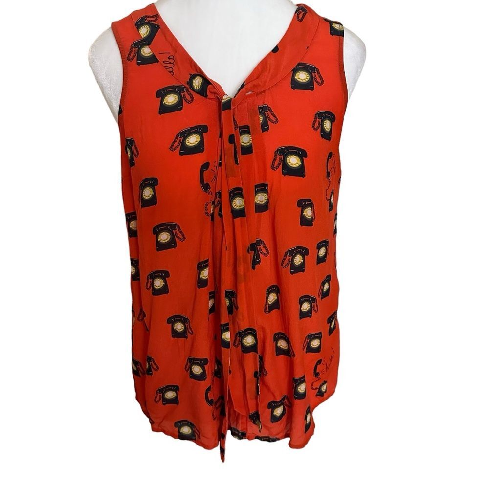 Anthropologie Maeve 52 Conversations Vintage Telephones Blouse 2 100% Silk - Picture 2 of 9